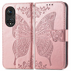 Custodia Portafoglio In Pelle Farfalla Cover con Supporto per Huawei Honor 50 Pro 5G Oro Rosa