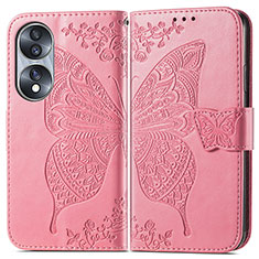 Custodia Portafoglio In Pelle Farfalla Cover con Supporto per Huawei Honor 70 5G Rosa Caldo