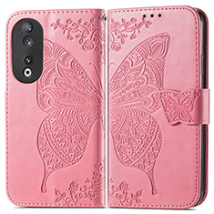 Custodia Portafoglio In Pelle Farfalla Cover con Supporto per Huawei Honor 90 5G Rosa Caldo