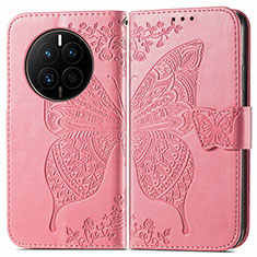Custodia Portafoglio In Pelle Farfalla Cover con Supporto per Huawei Mate 50E Rosa Caldo