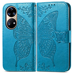 Custodia Portafoglio In Pelle Farfalla Cover con Supporto per Huawei P50 Pro Blu