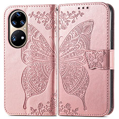 Custodia Portafoglio In Pelle Farfalla Cover con Supporto per Huawei P50 Pro Rosa