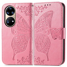 Custodia Portafoglio In Pelle Farfalla Cover con Supporto per Huawei P50 Pro Rosa Caldo