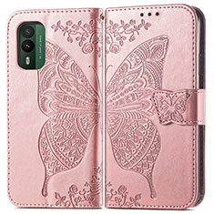 Custodia Portafoglio In Pelle Farfalla Cover con Supporto per Nokia XR21 Oro Rosa