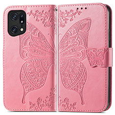 Custodia Portafoglio In Pelle Farfalla Cover con Supporto per Oppo Find X5 5G Rosa Caldo