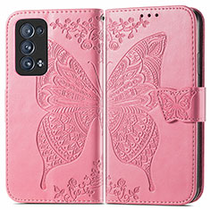Custodia Portafoglio In Pelle Farfalla Cover con Supporto per Oppo Reno6 Pro 5G Rosa Caldo