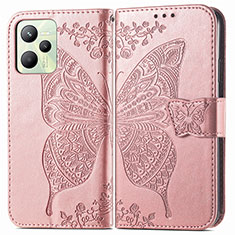 Custodia Portafoglio In Pelle Farfalla Cover con Supporto per Realme C35 Oro Rosa