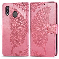 Custodia Portafoglio In Pelle Farfalla Cover con Supporto per Samsung Galaxy M20 Rosa Caldo