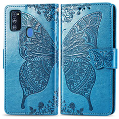 Custodia Portafoglio In Pelle Farfalla Cover con Supporto per Samsung Galaxy M21 Blu