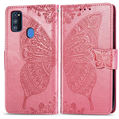Custodia Portafoglio In Pelle Farfalla Cover con Supporto per Samsung Galaxy M21 Rosa Caldo