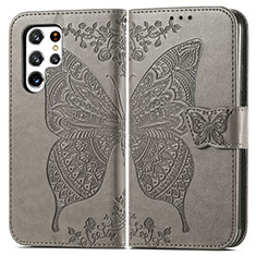 Custodia Portafoglio In Pelle Farfalla Cover con Supporto per Samsung Galaxy S22 Ultra 5G Grigio