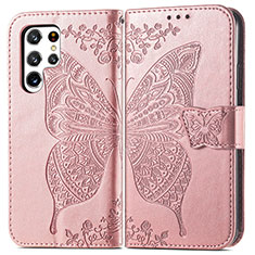 Custodia Portafoglio In Pelle Farfalla Cover con Supporto per Samsung Galaxy S24 Ultra 5G Rosa