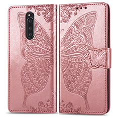 Custodia Portafoglio In Pelle Farfalla Cover con Supporto per Sony Xperia 1 Rosa