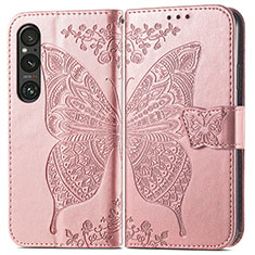 Custodia Portafoglio In Pelle Farfalla Cover con Supporto per Sony Xperia 1 V Oro Rosa