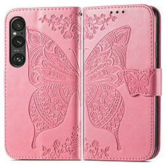 Custodia Portafoglio In Pelle Farfalla Cover con Supporto per Sony Xperia 1 V Rosa Caldo