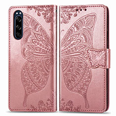 Custodia Portafoglio In Pelle Farfalla Cover con Supporto per Sony Xperia 5 Rosa