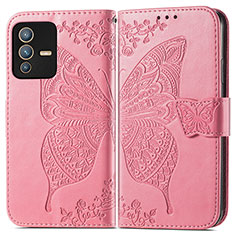 Custodia Portafoglio In Pelle Farfalla Cover con Supporto per Vivo V23 Pro 5G Rosa Caldo