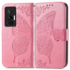 Custodia Portafoglio In Pelle Farfalla Cover con Supporto per Vivo X70 Pro 5G Rosa Caldo