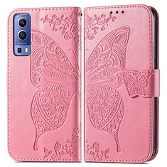 Custodia Portafoglio In Pelle Farfalla Cover con Supporto per Vivo Y72 5G Rosa Caldo