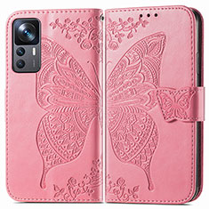 Custodia Portafoglio In Pelle Farfalla Cover con Supporto per Xiaomi Mi 12T Pro 5G Rosa Caldo