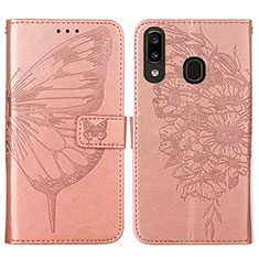 Custodia Portafoglio In Pelle Farfalla Cover con Supporto Y01B per Samsung Galaxy A20 Oro Rosa