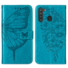 Custodia Portafoglio In Pelle Farfalla Cover con Supporto Y01B per Samsung Galaxy A21 Blu