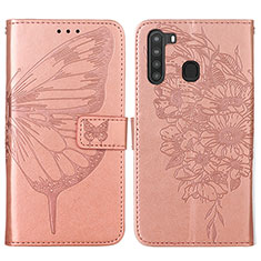 Custodia Portafoglio In Pelle Farfalla Cover con Supporto Y01B per Samsung Galaxy A21 Oro Rosa