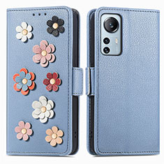 Custodia Portafoglio In Pelle Fiori Cover con Supporto L01 per Xiaomi Mi 12 5G Blu