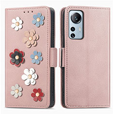 Custodia Portafoglio In Pelle Fiori Cover con Supporto L01 per Xiaomi Mi 12 5G Oro Rosa