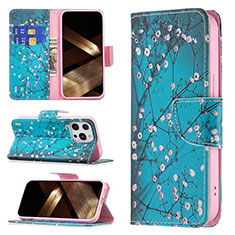 Custodia Portafoglio In Pelle Fiori Cover con Supporto L02 per Apple iPhone 14 Pro Ciano