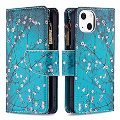 Custodia Portafoglio In Pelle Fiori Cover con Supporto L03 per Apple iPhone 13 Ciano