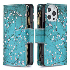 Custodia Portafoglio In Pelle Fiori Cover con Supporto per Apple iPhone 13 Pro Ciano