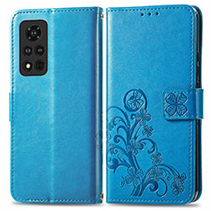 Custodia Portafoglio In Pelle Fiori Cover con Supporto per Huawei Honor V40 5G Blu