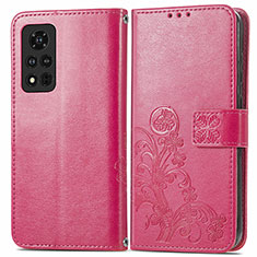 Custodia Portafoglio In Pelle Fiori Cover con Supporto per Huawei Honor V40 5G Rosa Caldo