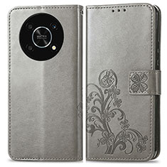 Custodia Portafoglio In Pelle Fiori Cover con Supporto per Huawei Honor X9 5G Grigio