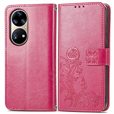 Custodia Portafoglio In Pelle Fiori Cover con Supporto per Huawei P50 Pro Rosso