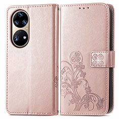 Custodia Portafoglio In Pelle Fiori Cover con Supporto per Huawei P50 Rosa