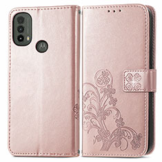 Custodia Portafoglio In Pelle Fiori Cover con Supporto per Motorola Moto E20 Rosa