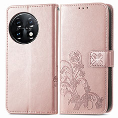 Custodia Portafoglio In Pelle Fiori Cover con Supporto per OnePlus 11 5G Oro Rosa