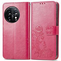 Custodia Portafoglio In Pelle Fiori Cover con Supporto per OnePlus 11 5G Rosa Caldo