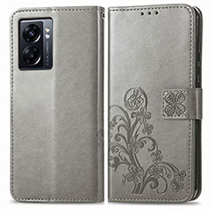 Custodia Portafoglio In Pelle Fiori Cover con Supporto per Oppo A56S 5G Grigio