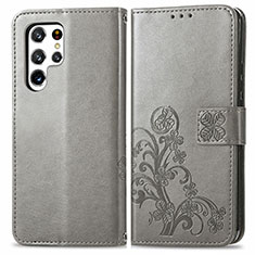 Custodia Portafoglio In Pelle Fiori Cover con Supporto per Samsung Galaxy S22 Ultra 5G Grigio