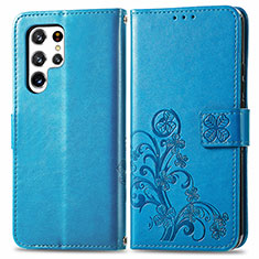 Custodia Portafoglio In Pelle Fiori Cover con Supporto per Samsung Galaxy S23 Ultra 5G Blu