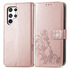 Custodia Portafoglio In Pelle Fiori Cover con Supporto per Samsung Galaxy S24 Ultra 5G Rosa