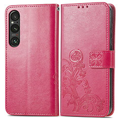 Custodia Portafoglio In Pelle Fiori Cover con Supporto per Sony Xperia 1 V Rosa Caldo