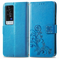 Custodia Portafoglio In Pelle Fiori Cover con Supporto per Vivo X60 Pro+ Plus 5G Blu