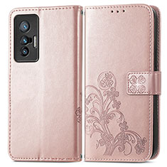 Custodia Portafoglio In Pelle Fiori Cover con Supporto per Vivo X70 5G Rosa