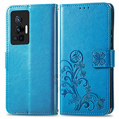 Custodia Portafoglio In Pelle Fiori Cover con Supporto per Vivo X70 Pro 5G Blu