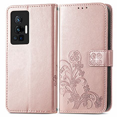 Custodia Portafoglio In Pelle Fiori Cover con Supporto per Vivo X70 Pro 5G Rosa