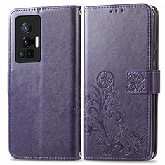 Custodia Portafoglio In Pelle Fiori Cover con Supporto per Vivo X70 Pro 5G Viola